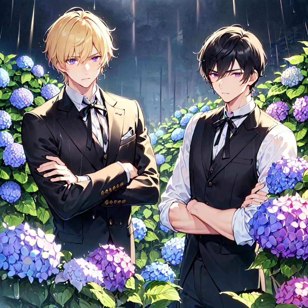 masterpiece,best quality,high quality,(1 male austere good-looking man solo adult age 30: 1.5), purple eyes, cool with suspended eyes, V-shaped eyebrows, body strong and fearless 8.5 head tall, height 185 cm, (well-groomed black short hair down to neck: 1.4), (bangs split into seven thirds: 1.4), slender nose, expression lines, throat, (shirt and black trousers: 1.3), (hand on face), (standing), (stylish pose), (melancholy expression: 1.3), (background hydrangea garden: 1.3), (night rain: 1.3), (upper body:1.3)