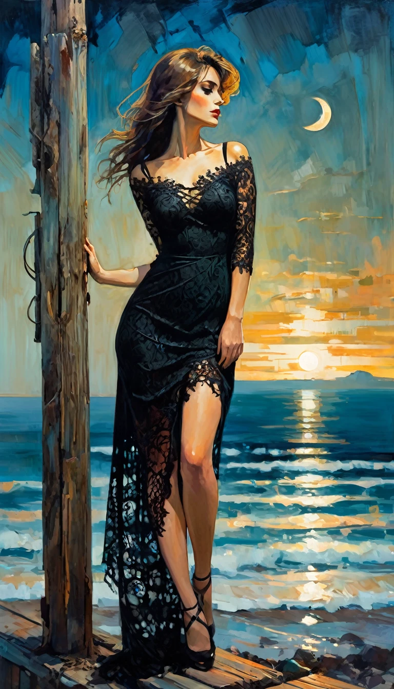 a dejected sexy woman, black lace dress, leans on a wooden post, beautiful landscape with sea and moon (art inspired by Bill Sienkiewicz, intricate details, oil painting)
