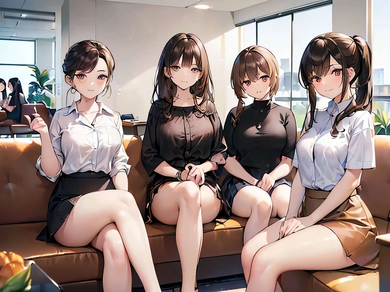 (Masterpiece, highest quality, high resolution, realistic photos, realistic looking skin:1.1),
(Four women are sitting on a sofa in a break room at work:1.8), 
(all with provocative, smirking expressions:1.5), (all with smirking expressions:1.5), 
(All are dressed in office casual attire such as shirts and blouses:1.5),
(All are wearing mini-skirts:1.5),
(All are wearing pumps on bare legs: 1.5),
(The first has short brown hair, the second has long black hair, the third has medium brown hair, and the fourth has a brown ponytail:1.5),
(The location is a sofa in the break room of the company:1.5),
1 Japanese girl, solo, full bodied esbian, beautiful eyes, glowing eyes, glowing thighs, NSFW