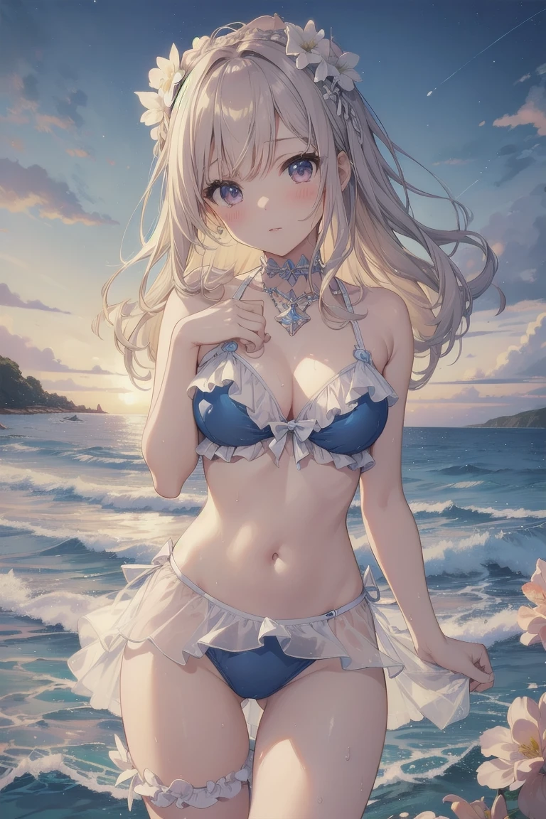 （masterpiece）、(highest quality)、((Super detailed))、(super delicate)、Cute naughty swimsuit idol、Pastel colors hair、beautiful breasts、Thighs、Gorgeous、Fantastic starry sky、beautiful sea、Wet and see-through