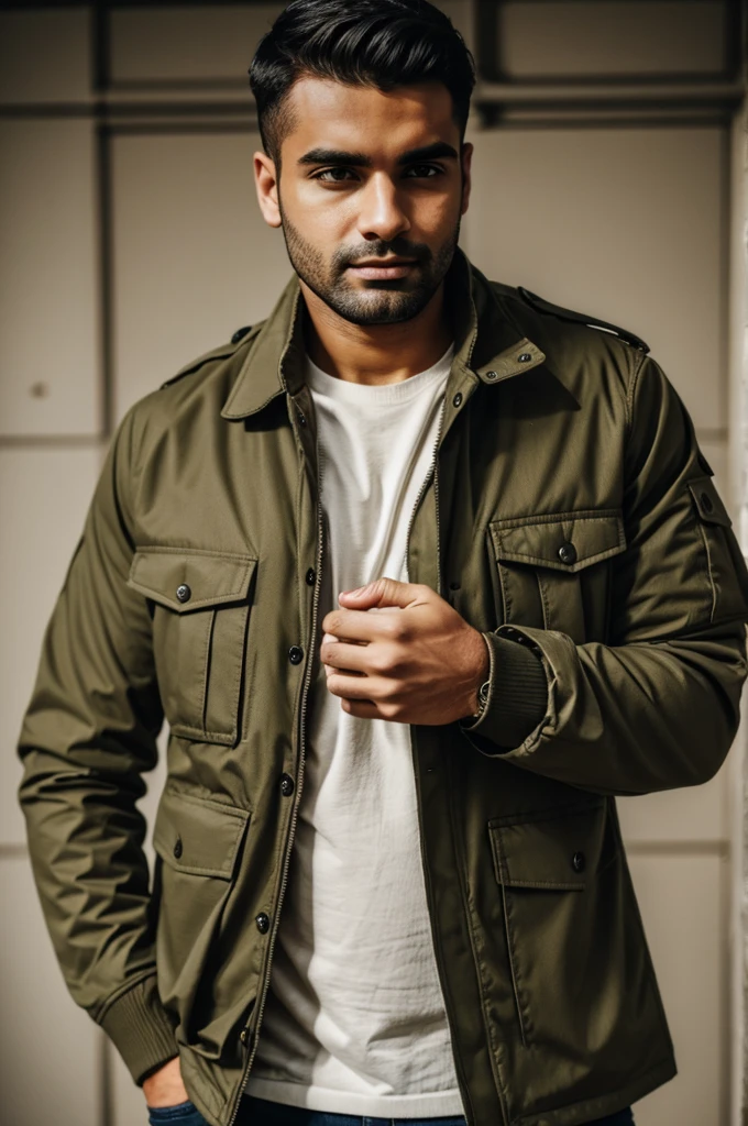 Man in khaki jacket showing something with his hands