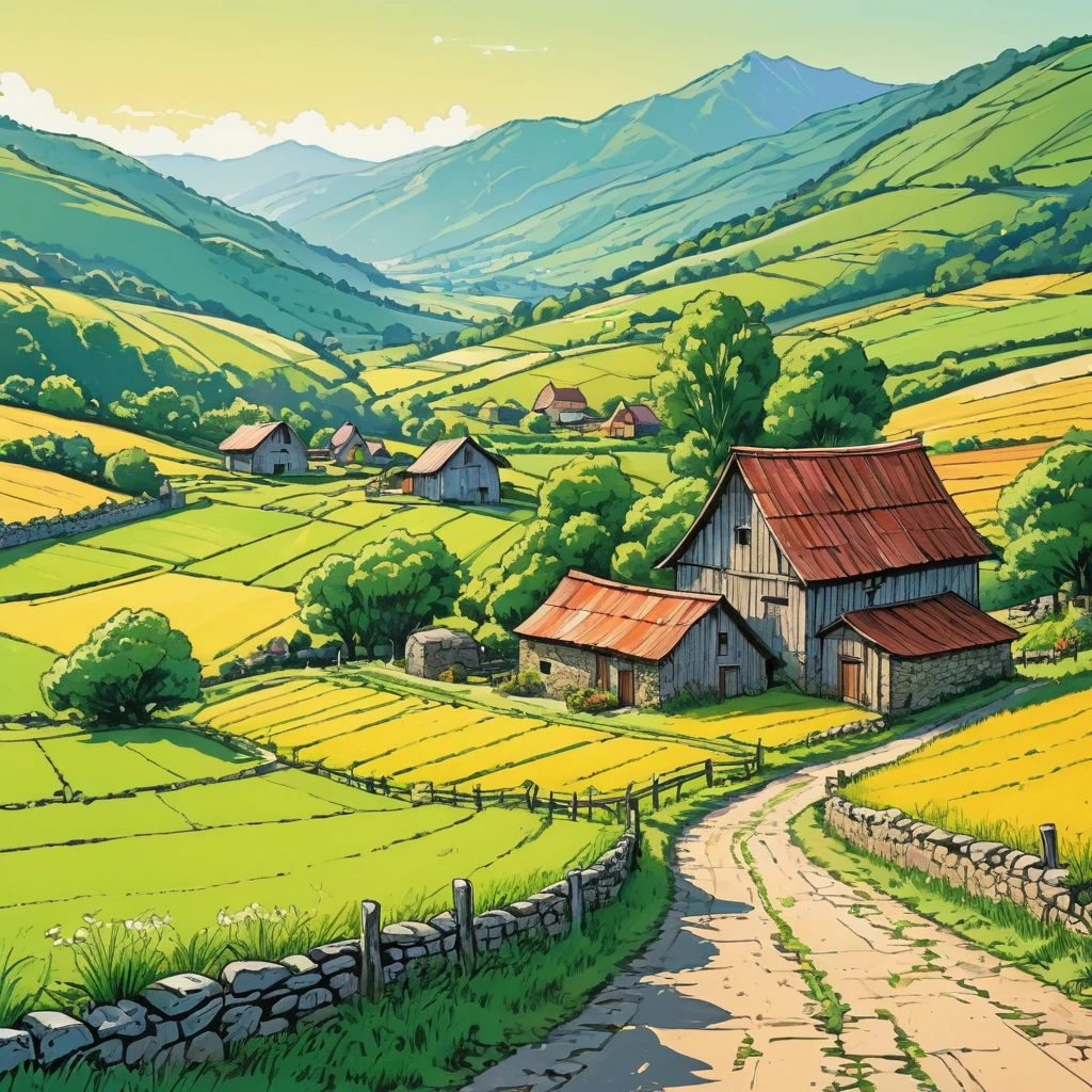 Warm color line drawing，（Comic book style），Hand drawn caricature，Beautiful countryside painting，Mountain々、summer，Green farmland、Old Stone Barns and Sheds。Sunny Afternoon。Pen carefully、And handle it with care，Overall composition balance。（Clear lines，No Shadow），（Moderate：Picturesque），Wide-angle lens