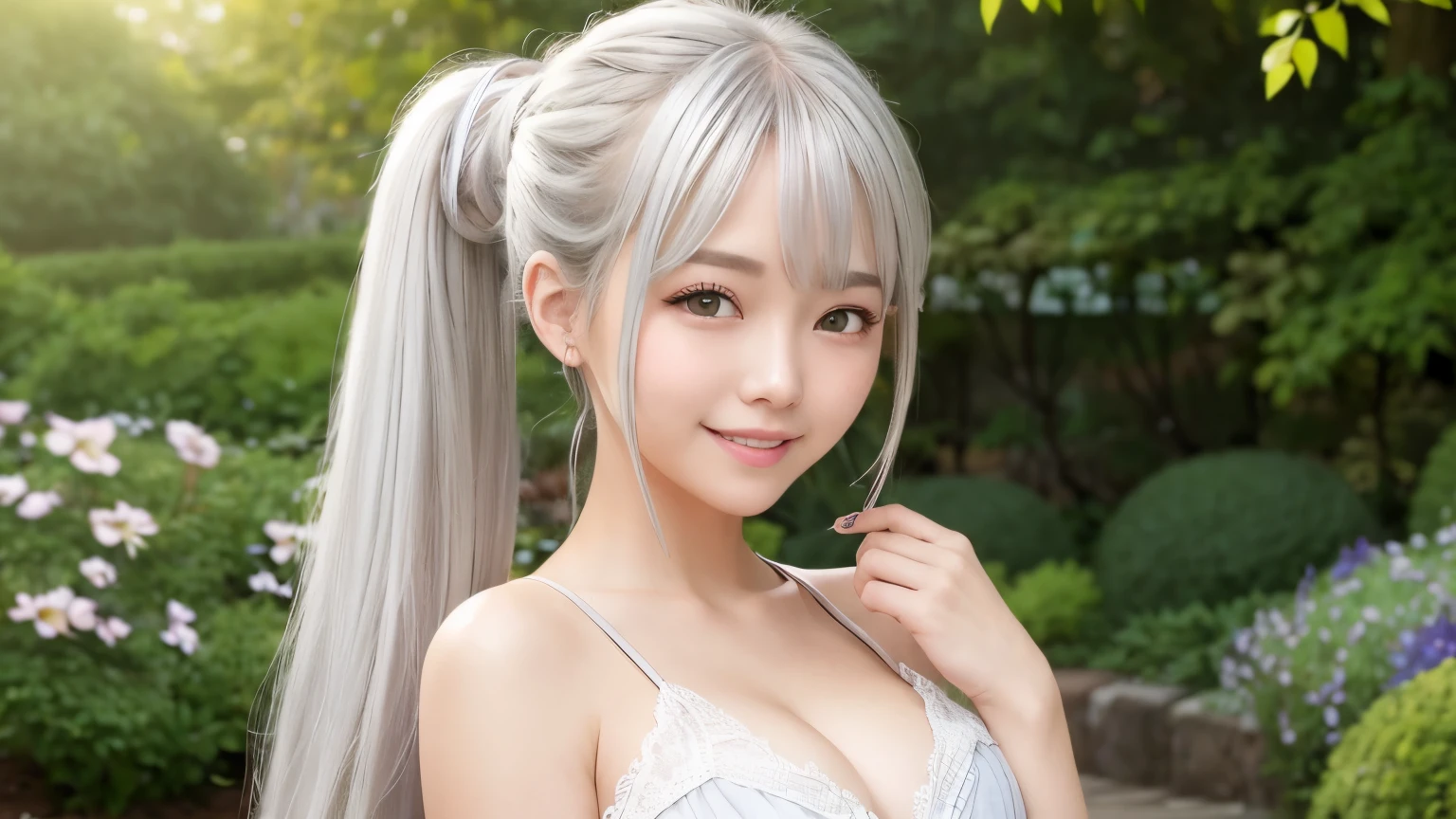 （（（highest quality）））、４k、In the botanical garden、 beautiful girl、smile、Hair color is silver hair、The ends of the hair are curled、ponytail、have ?????????????
