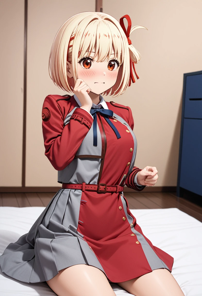 (masterpiece,Highest quality,Ultra-high resolution),(Perfect Face, Perfect body、Perfect hands、Clean five fingers),1girl,(Nishikigi chisato, bob cut, hair ribbon,lycoris uniform, two-tone dress, red dress, grey dress, neck ribbon, long sleeves),(very young),(Blushing, embarrassed),(Japanese-style room、sit on futon)