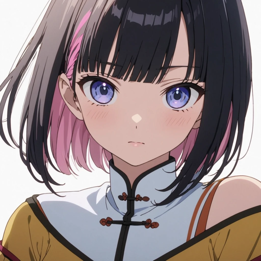 (8K,4K,best quality, master piece: 1.2), super high resolution,anime screencap,animated gif,1 Beautiful woman,32yo,ultra-detailed face, detailed eyes,mascara,(tareme),mole under eye,:>,wearing off-shoulder chinese clothes,blunt bangs,(black hair, pink streaked hair),bob cut,looking at viewer,face focus,Plain white background