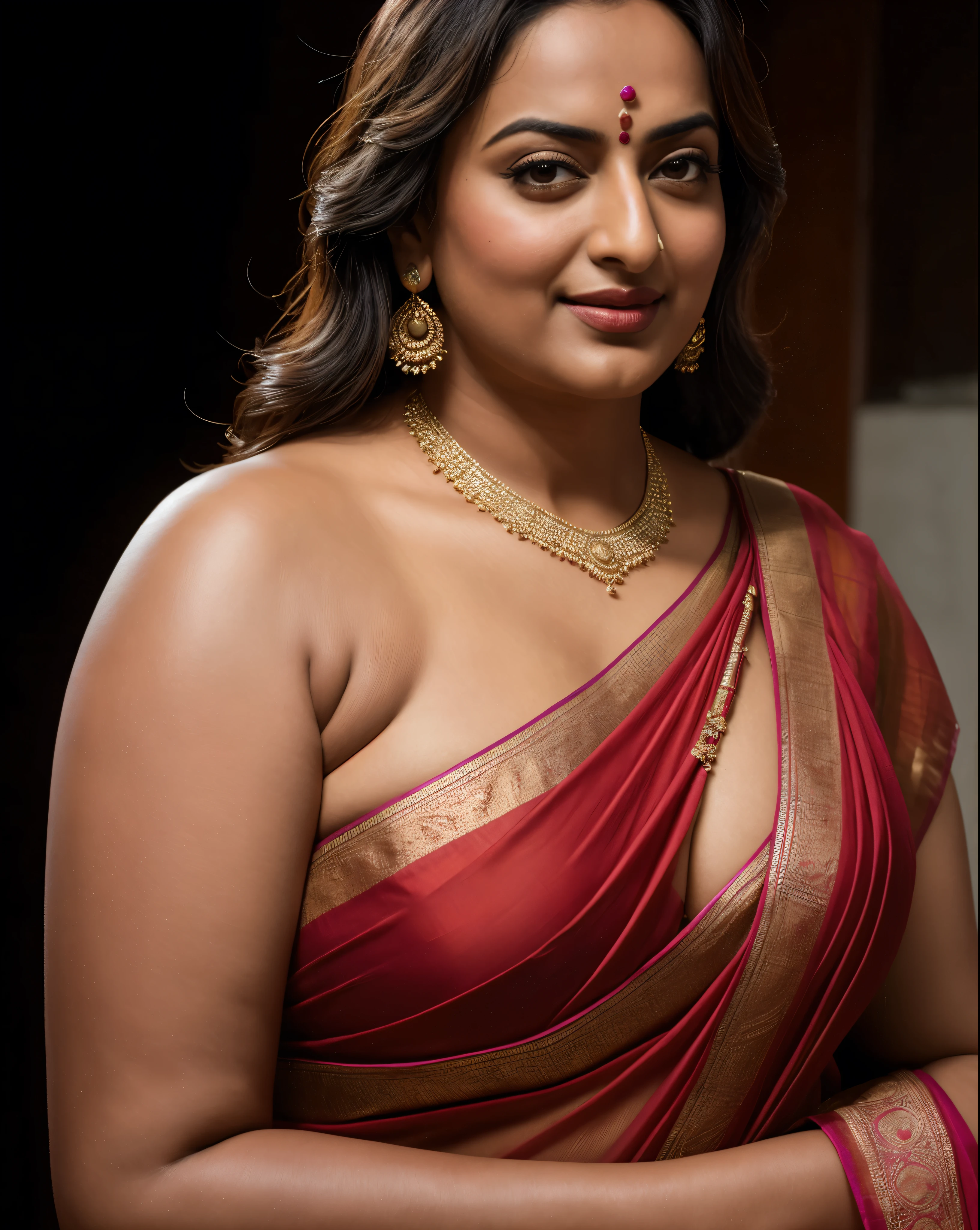 Foto RAW, photorealistic, photography, full body shot, 50 years old Woman, master shot, perfect eyes, goddess like beauty, pierced eyes, perfect thick chubby mallu Desi aunty bhabhi, Wearing a Stanapatta, a chest-band.Saree model, model Photography, Indian saree shoot, Indian traditional wear advertising photography, traditional wear brand shoot, face of Indian actress Sonakshi Sinha, masterpiece, realistic, realism, incredible details, pleasure, photorealism, detailed skin, skin pores, high contrast, photorealistic Artstation 8k HD digital art trend of high definition and detailed realistic skin texture, ultra detail, realistic skin texture, armature, best quality, ultra high definition, (photorealistic:1.4),, high resolution, detail, raw photo, sweat, Re sharp, by Lee Jefferies Nikon D850 Film Stock Photo 4 Kodak Portra 400 Camera F1.6 Lens Rich Color Ultra Real Realistic Realistic Textures Dramatic Lighting Unreal Engine Trending at Art Station Cinestill 800,(pele altamente detalhada: 1.2), 8k UHD, DSLR, soft-lighting, alta qualidade, grain of film, Fujifilm XT3,she didn't like to wear blouse or bra, she is happy to wear only saree, she hates blouse or bra, detailed hairy armpits, hyper realistic skin, skin pores, sweat, veins,