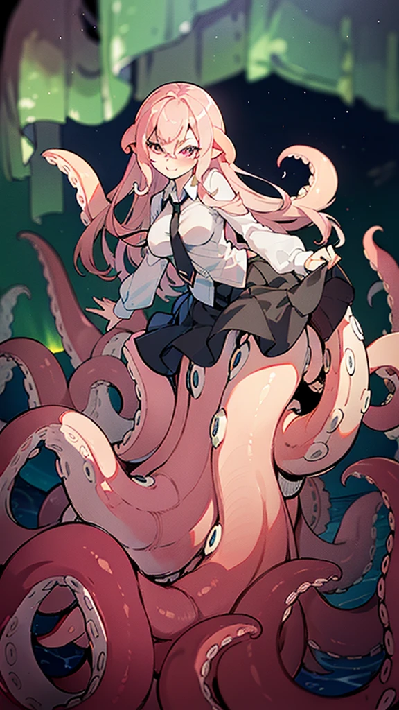 ((best quality)), ((highly detailed)), absurdres, (detailed eyes),1girl,20 years old,solo,long hair,pink hair,(((white shirt,black standart tie,black skirt))),dynamic pose, cowboy shot, (((scylla))), (((octopus girl))), standing, (tentacles:1.33), (suction cups:1.33), (fused:1.33), ((tentacle legs)), squidlegs, ((underwater,sea, aurora,night)),leaning forward, serious,cute,reaching out