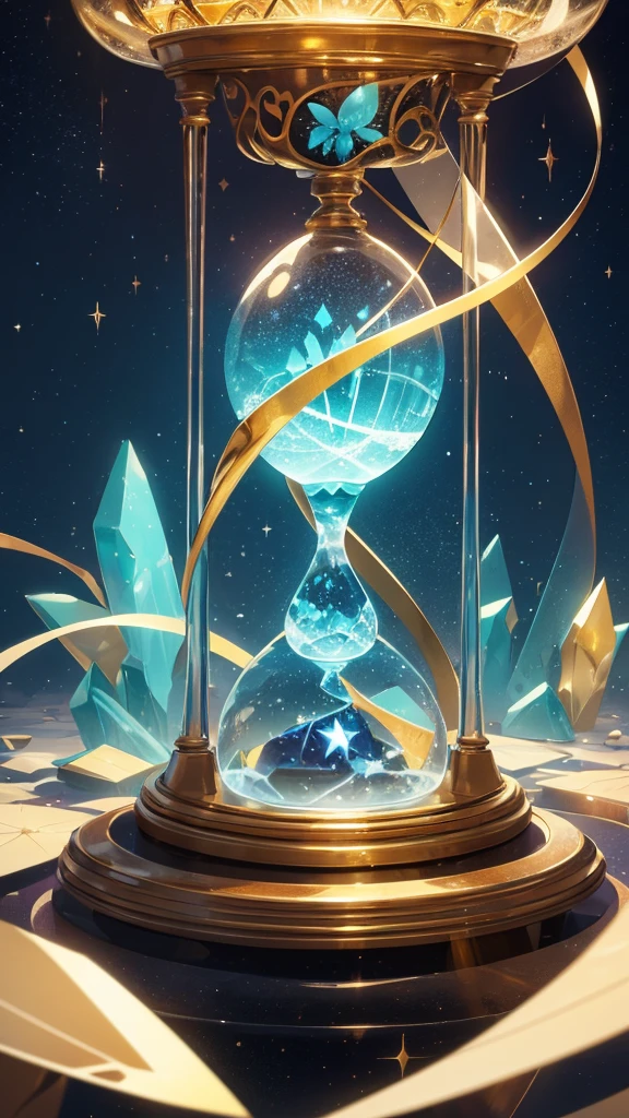 hourglass with time running out, amidst amazonite crystals, stars, shine, magical world, high resolution, full hd, disney drawing texture, 4k resolution