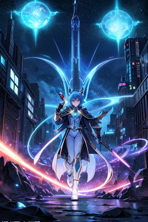 Niji mode.  Full body.  Ethereal sorcerer secret agent, elegant thin suit with fluid luminous white glowing magic circuits, celestial explorer emerging from a portal.  Holding a longsword with glowing magic writings and long handle, glowing tattoos, magic piercings, magic stones, glowing magic eyes, advanced technology mixed with magic, magic circuits, magic tools, magic materials, developed by Technological Magic.  Walking in the middle of a magical atompunk metropolis mixing technology and vegetation, the sky full of bright stars with cold colors.  Wide and deep scenery with multiple planes of depth, cinematic and dynamic scene with sense of movement, view of magical glowing lights reflecting the scene, particle effects, elegant pose, aura lights, glowing, epic atmosphere, celestial splendor, galactic fragmentation .  Old anime style, Studio Ghibli, Metal hurlant, art book, RPG fantasy, comicbook.