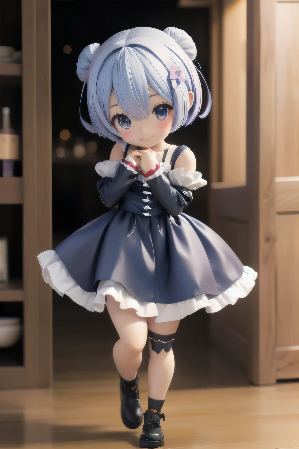 Photorealistic、Chibi Girl Doll(Street、Rem's Cosplay of Rezero、whole body、smile)