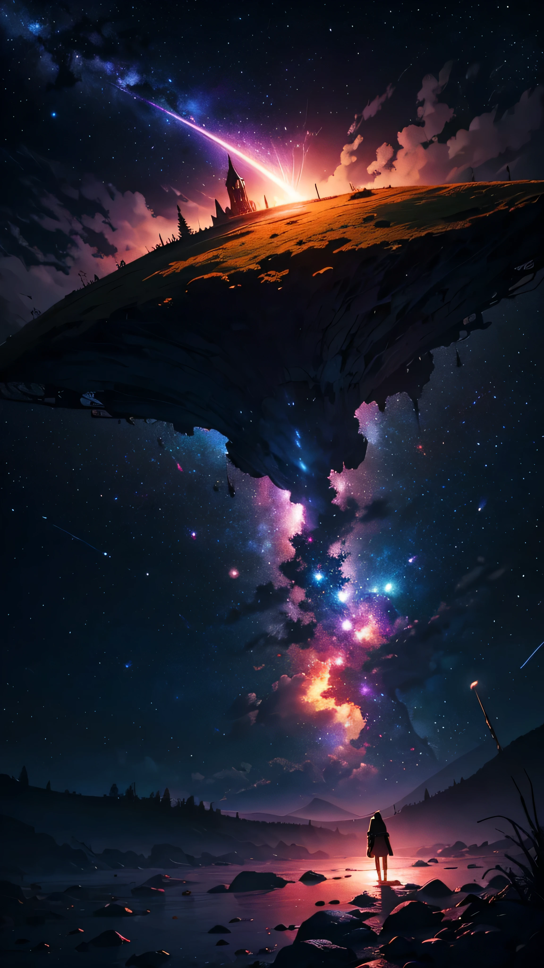 universe horror, Strange惑星にいるuniverse飛行士の超映画的なアートワーク, Dramatic colors, Beautiful lighting, Extreme shading, amazing, Breathtakingly beautiful, light, mysterious, Amazing guy, universe, Stardust Wind, Strange風景, depth, Great composition,Surreal Sky, spell, exposed for a long time, (Ultra-high resolution, 8K〜, Astronomical Wallpaper), particle, Strange, physics