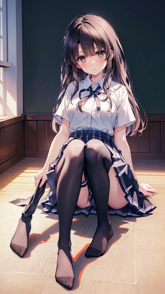 (8K、Best image quality、Highest quality、masterpiece)、One tall girl、((Full body))、Sit on the floor with your legs spread apart、White  are visible、Long Hair、Wavy Hair、blush、Moderate 、White collared shirt、Short sleeve、((Plaid pleated ))、Classroom Background、((black tights))、Black Pantyhose、((No shoes))