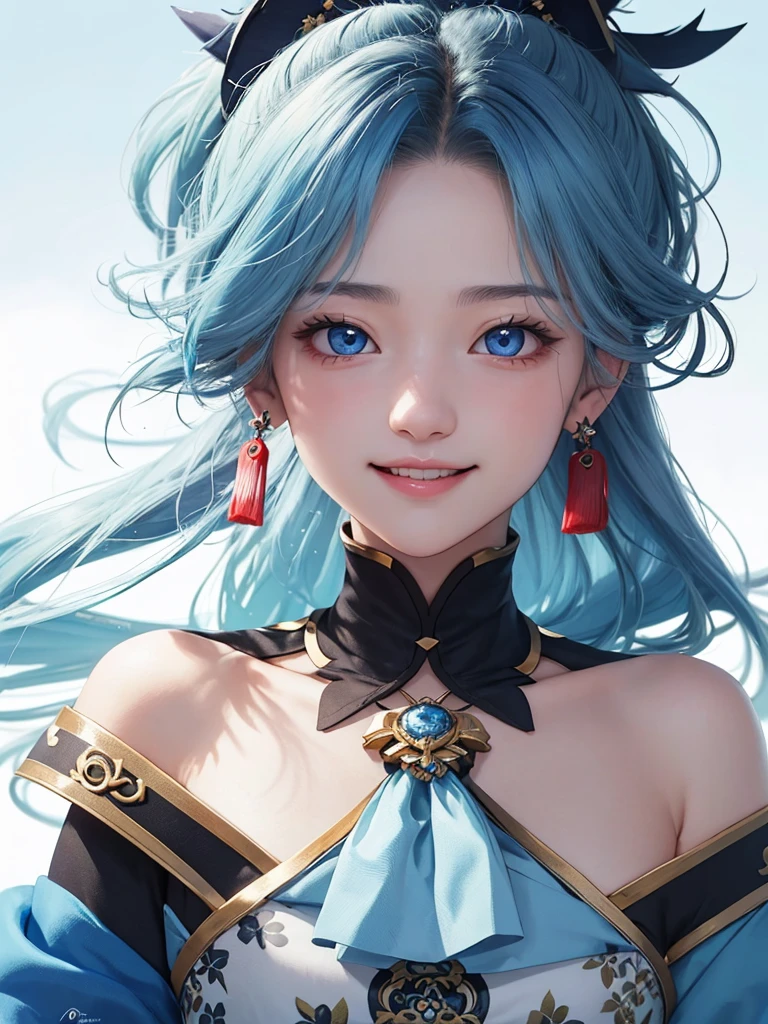 (masterpiece), (Best quality), (ultra detailed),(wild hair),(illustration), (1 girl), standing, smiling, beautiful detailed eyes, Light blue eyes, Detailed beautiful face, (Kamisato Ayaka: 1.2), focus on the face,  ponytail, Kamisato Ayaka(Genshin&#39;s influence), light blue hair, detailed hair, bang, better lighting, best shadow, very detailed, bright