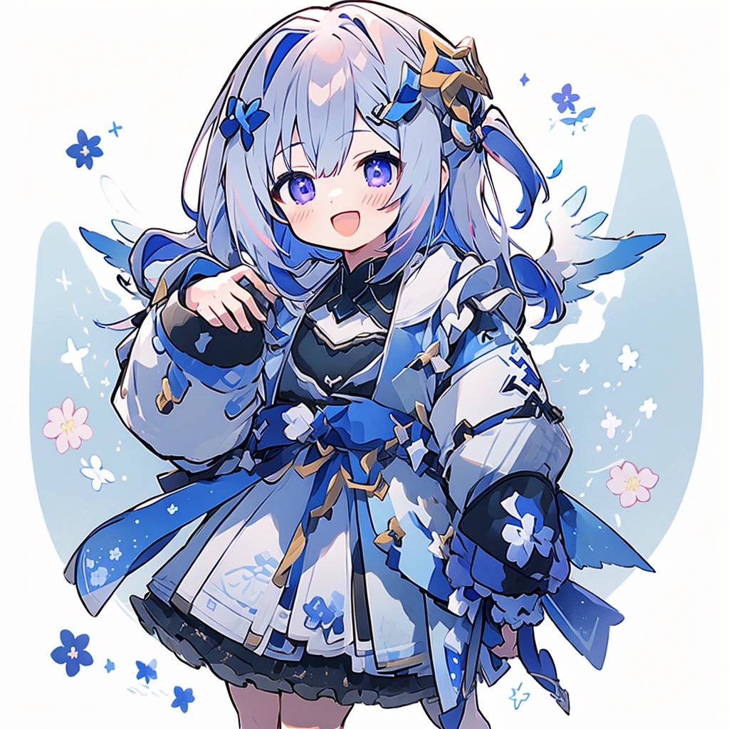 amane kanata, 1girl in, 独奏, Short hair, bangs, Simple background, Bow, Blue hair, Purple eyes, Jacket, Grey Hair, multicolored hair, wings, blue bow, bob cuts, arm band, Feathered wings, Asymmetrical hair, Angel wings, Colored inner hair, one white winged, single hair intake, Star Hello, Looking at Viewer, bangs, Open mouth, clavicle,Blue glasses,Arafe woman in a smiling floral sweater, Joyful look,mid shot portrait,Cotton, Cheongsam, floral dream,Floral pattern of outerwear、a smile、