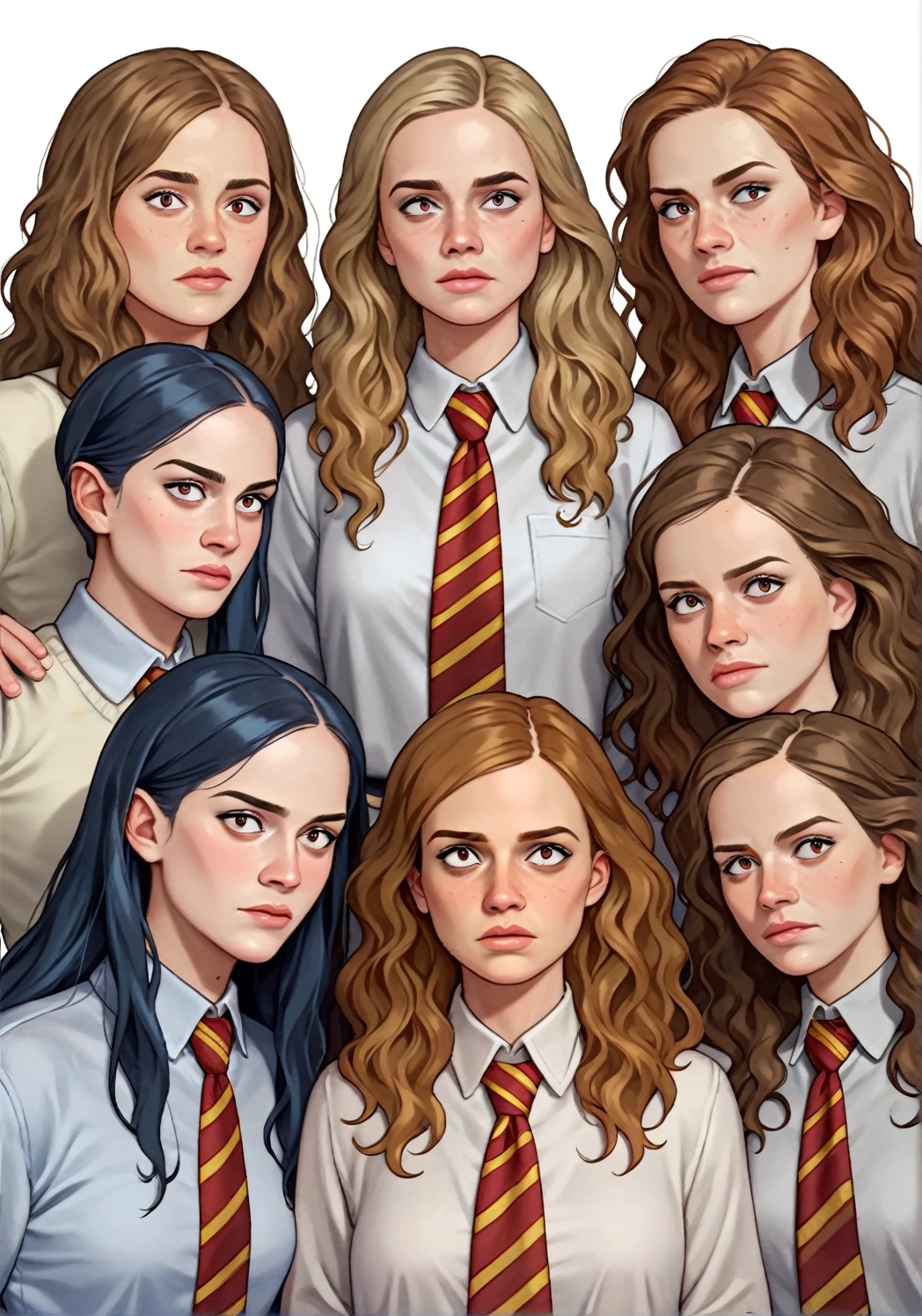 score_9, score_8_up, score_7_up, score_アニメ, Three friends, (Harry Potter Hermione Granger and Ron Weasley), white jackets, Elite  , looking straight into the camera, front view, Pretentious posture, confident look, ready to save the world, White background