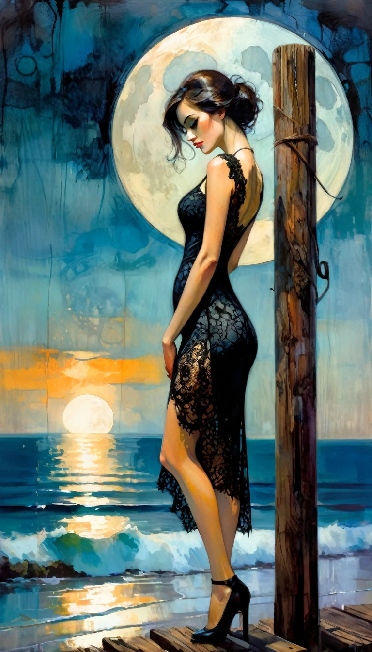 a dejected sexy woman, black lace dress, leans on a wooden post, beautiful landscape with sea and moon (art inspired by Bill Sienkiewicz, intricate details, oil painting)
