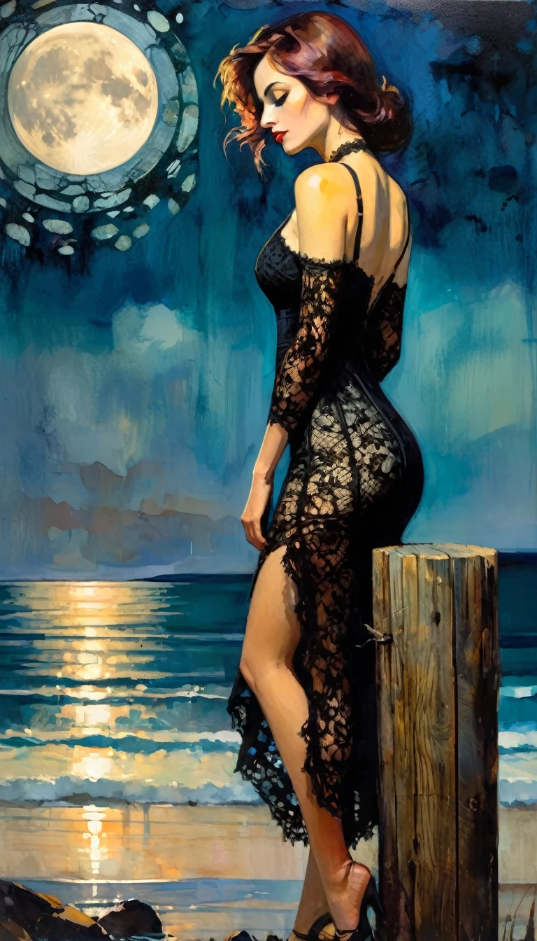 a dejected sexy woman, black lace dress, leans on a wooden post, beautiful landscape with sea and moon (art inspired by Bill Sienkiewicz, intricate details, oil painting)
