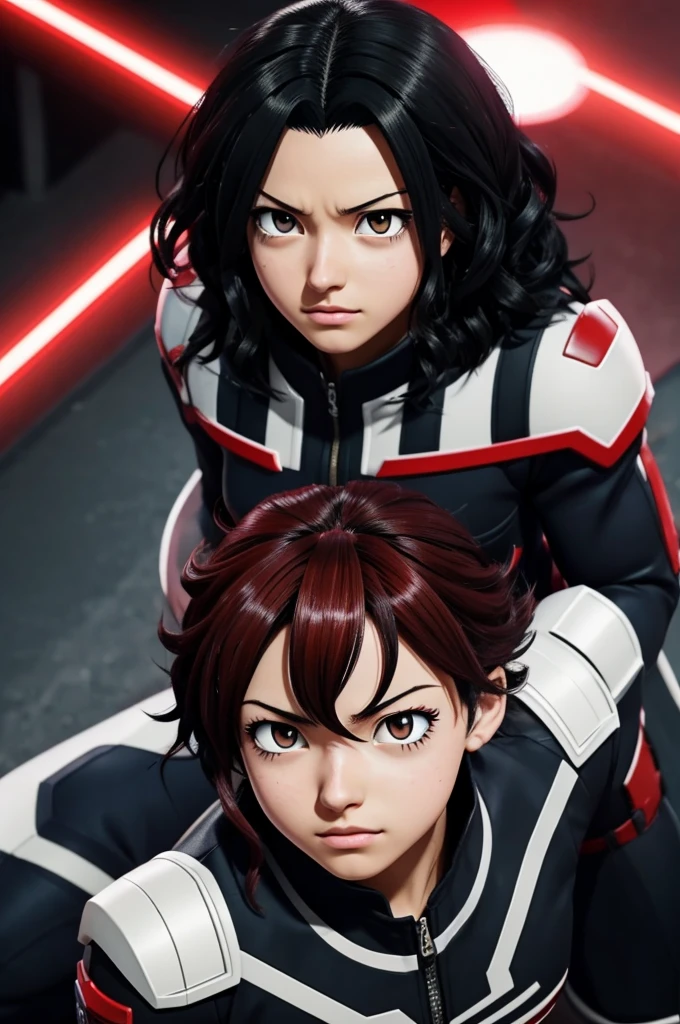 Screenshot of my hero academia.
Girl with curly black hair with red highlights, He has eyes black as night and has a leader's expression . She is wearing the UA uniform and in the background she has a UA school class and she is sitting at a table