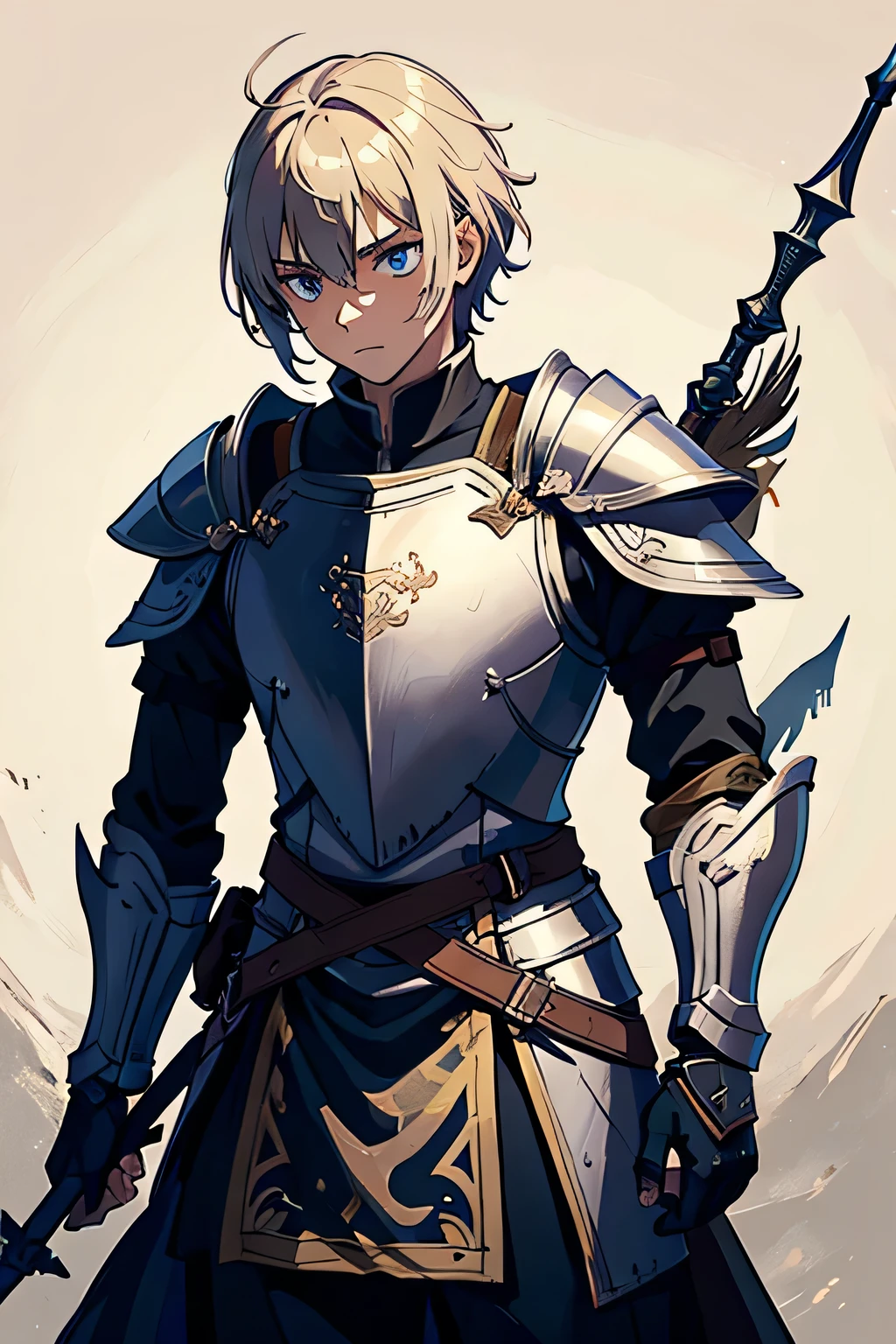 A young knight, with spear, armour, without a helmet, serious expression.