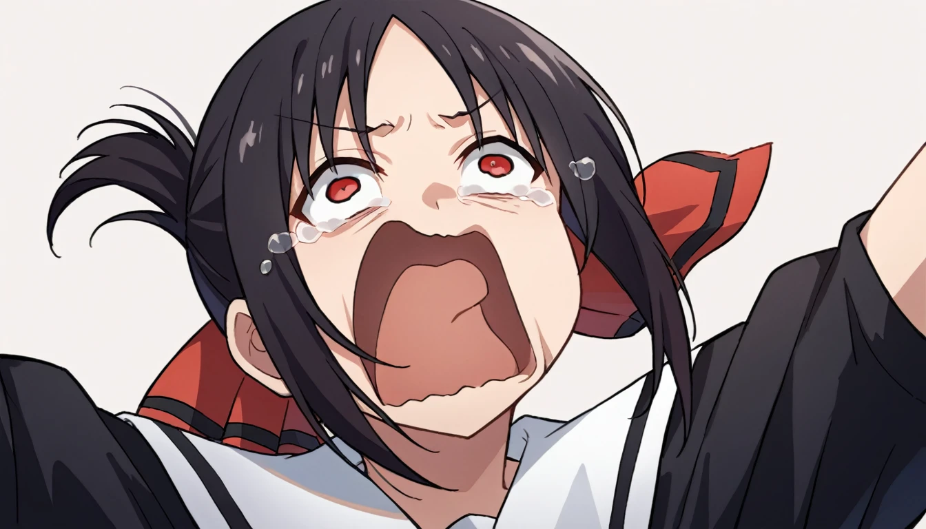 score_9, score_6_up, source_anime, 1girl, solo, upper body, aquascreaming, screaming, open mouth, crying with eyes open, shinomiya kaguya, red eyes, black hair, hair ribbon, black dress, white sailor collar, neck ribbon, red ribbon 