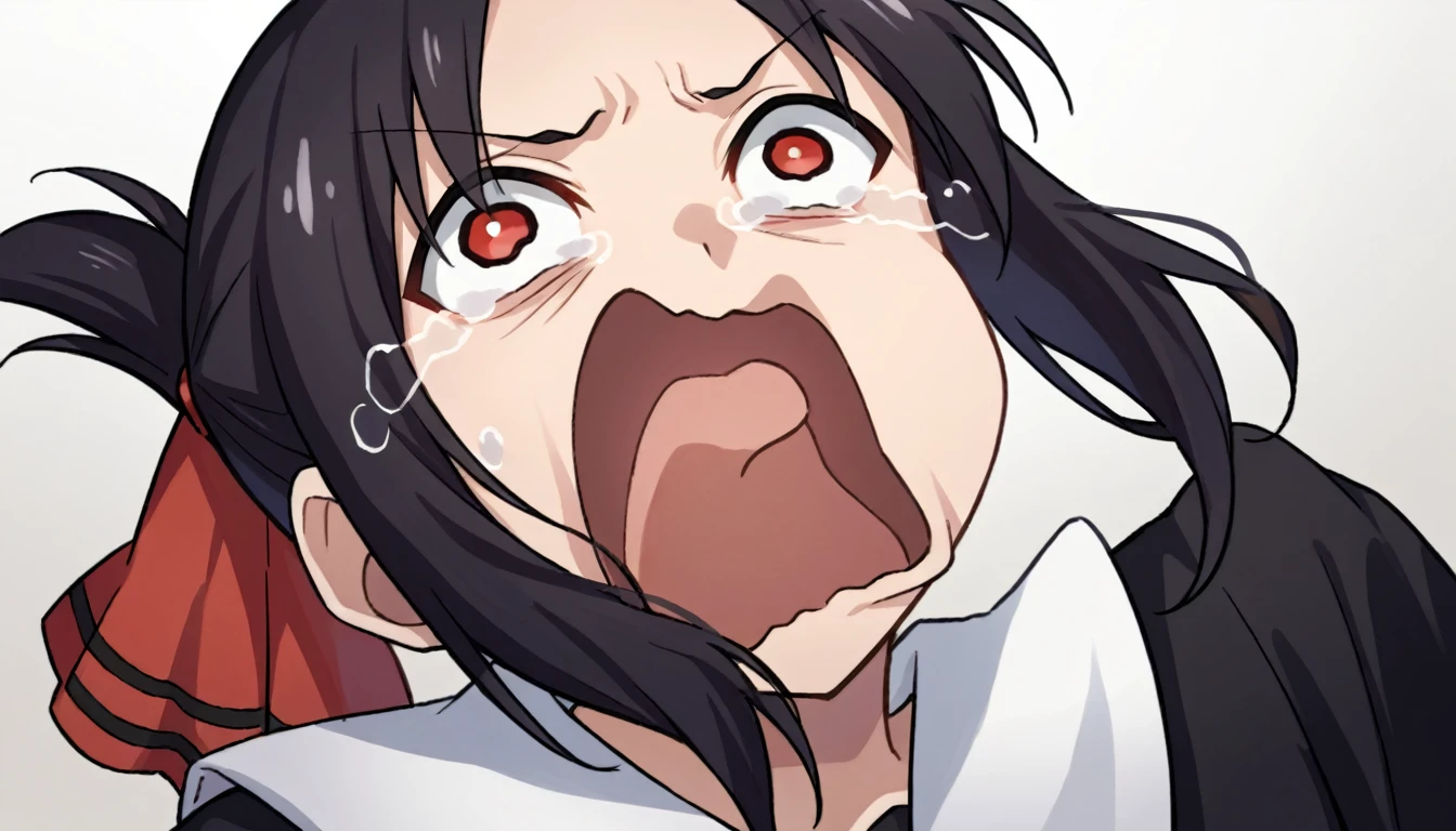 score_9, score_6_up, source_anime, 1girl, solo, upper body, aquascreaming, screaming, open mouth, crying with eyes open, shinomiya kaguya, red eyes, black hair, hair ribbon, black dress, white sailor collar, neck ribbon, red ribbon 