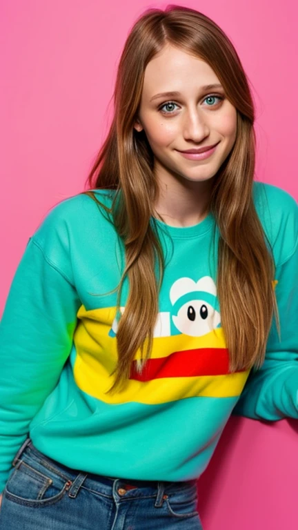 Taissa Farmiga dressed in a bright colored sweatshirt and jeans and a sexy smile.