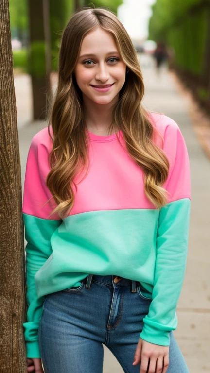 Taissa Farmiga dressed in a bright colored sweatshirt and jeans and a  smile.