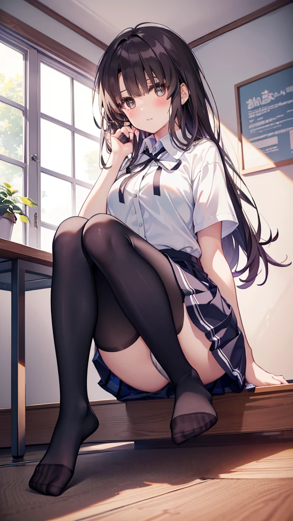 (8K、Best image quality、Highest quality、masterpiece)、One tall girl、((Full body))、Sit on the floor with your legs spread apart、White  are visible、Long Hair、Wavy Hair、blush、Moderate 、White collared shirt、Short sleeve、((Plaid pleated ))、Classroom Background、((black tights))、Black Pantyhose、((No shoes))