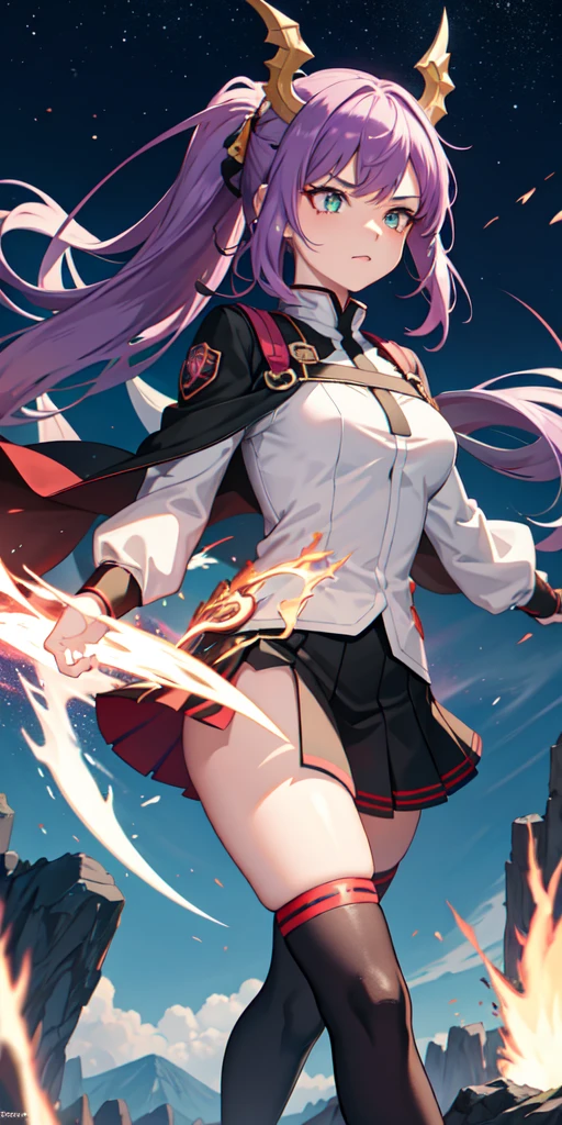 1girl, my hero academia clothes, ponytail, purple hair, green eyes, magic circle, red fire, white flames, wallpaper, landscape, blood, blood splatter, depth of field, night, light particles, rays light, side lighting, thighs, fate\ (series), genshin impact, ****, open jacket, dragon tail, skirt, dragon scales, dragon ears, thigh, cloud, dragon wings, background dragon

