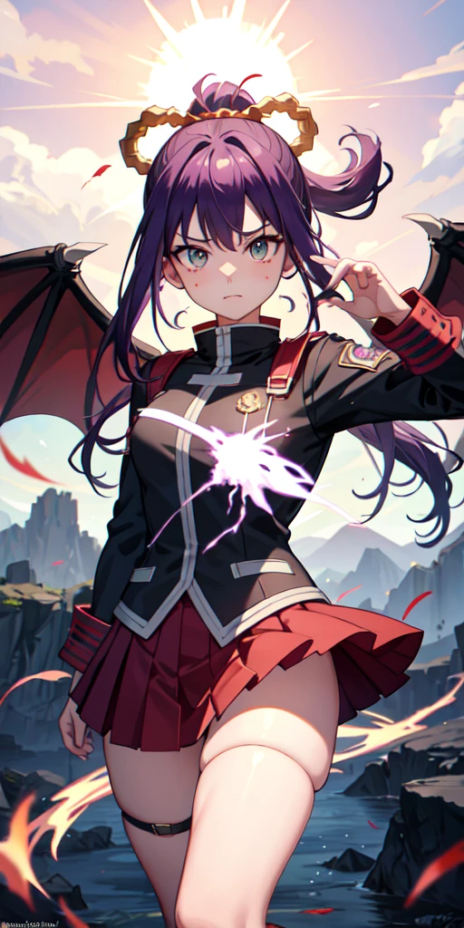 1girl, my hero academia clothes, ponytail, purple hair, green eyes, magic circle, red fire, white flames, wallpaper, landscape, blood, blood splatter, depth of field, night, light particles, rays light, side lighting, thighs, fate\ (series), genshin impact, ****, open jacket, dragon tail, skirt, dragon scales, dragon ears, thigh, cloud, dragon wings, background dragon