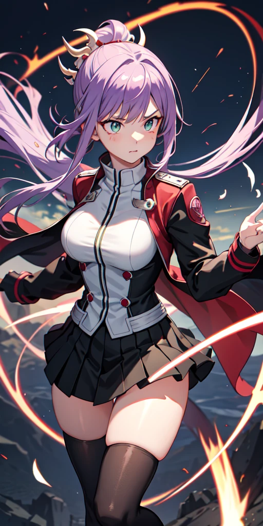 1girl, my hero academia clothes, ponytail, purple hair, green eyes, magic circle, red fire, white flames, wallpaper, landscape, blood, blood splatter, depth of field, night, light particles, rays light, side lighting, thighs, fate\ (series), genshin impact, , , dragon tail, skirt, dragon scales, dragon ears, thigh, cloud, dragon wings, background dragon