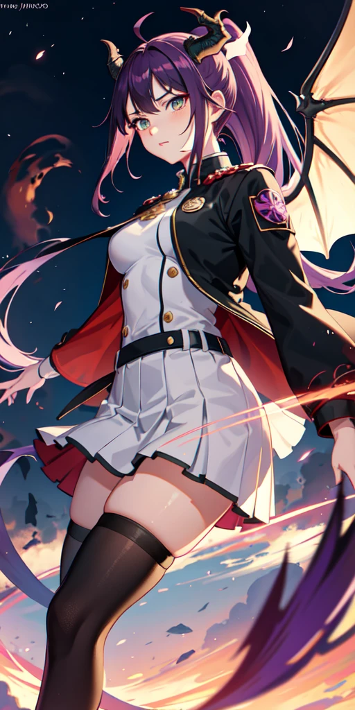 1girl, my hero academia clothes, ponytail, purple hair, green eyes, magic circle, red fire, white flames, wallpaper, landscape, blood, blood splatter, depth of field, night, light particles, rays light, side lighting, thighs, fate\ (series), genshin impact, ****, open jacket, dragon tail, skirt, dragon scales, dragon ears, thigh, cloud, dragon wings, background dragon