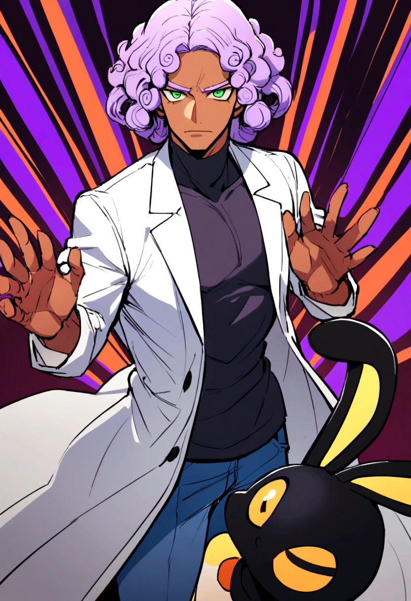 1man, 20s, strong body, latin, chin stubble, square face, tan skin, ((purple curly fluffy hair)), medium lenght hair, ((green eyes)), cool facial expression, (nice hands),  (grey turtleneck), lab coat, spectacles, jeans, sandals [pose with body turned in profile looking at viewer], determined facial expression, simple backgroun, accompanied by an Umbreon