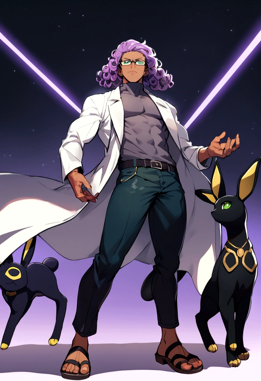 1man, 20s, strong body, latin, chin stubble, square face, tan skin, ((purple curly fluffy hair)), medium lenght hair, ((green eyes)), cool  expression, (nice hands),  (grey turtleneck), lab coat, spectacles, jeans, sandals [pose with body turned in profile looking at viewer], determined  expression, simple backgroun, accompanied by an Umbreon