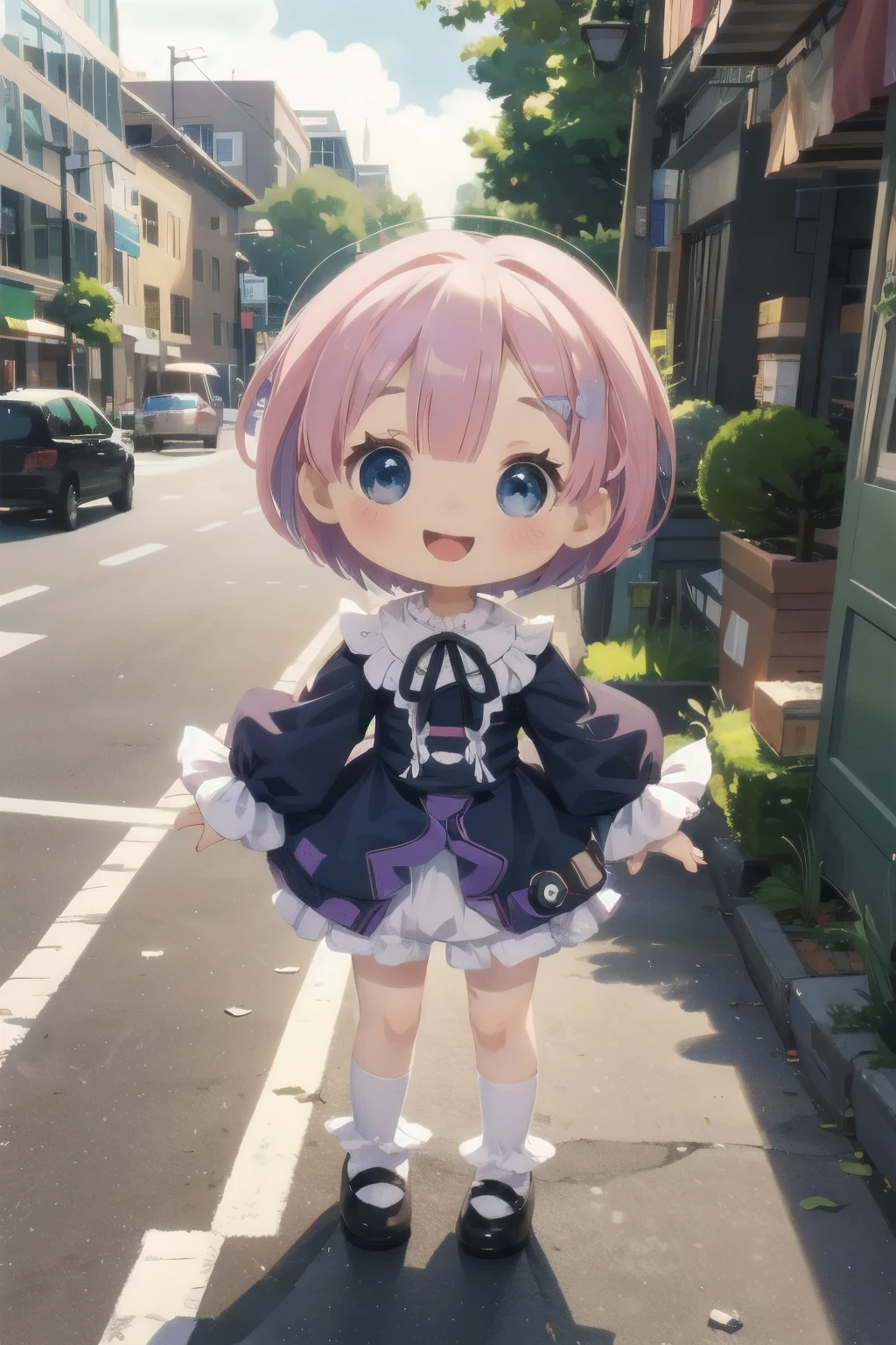 Photorealistic、Chibi Girl Doll（Street、Rem's Cosplay of Rezero、whole body、smile）