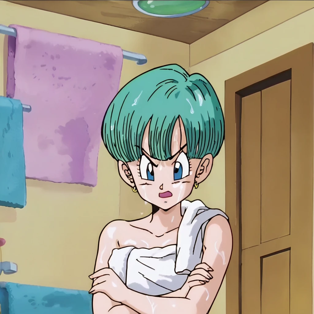 ((best quality)), ((masterpiece)), (detailed), 1girl, source_anime, score_9, score_8_up, score_7_up, anime screencap, buu saga, aqua hair, very short hair, bowl cut, blue eyes, wearing bath towel, wet hair, indoors, bathroom, wet skin, She looked down at her hands and then let out a gasp as she realized that she was now sporting a blue bowl cut and aqua hair. She quickly wrapped herself up in a towel, feeling a bit embarrassed by her unexpected situation. Cyrene couldn't help but feel a bit impressed by Bulma's physique...
