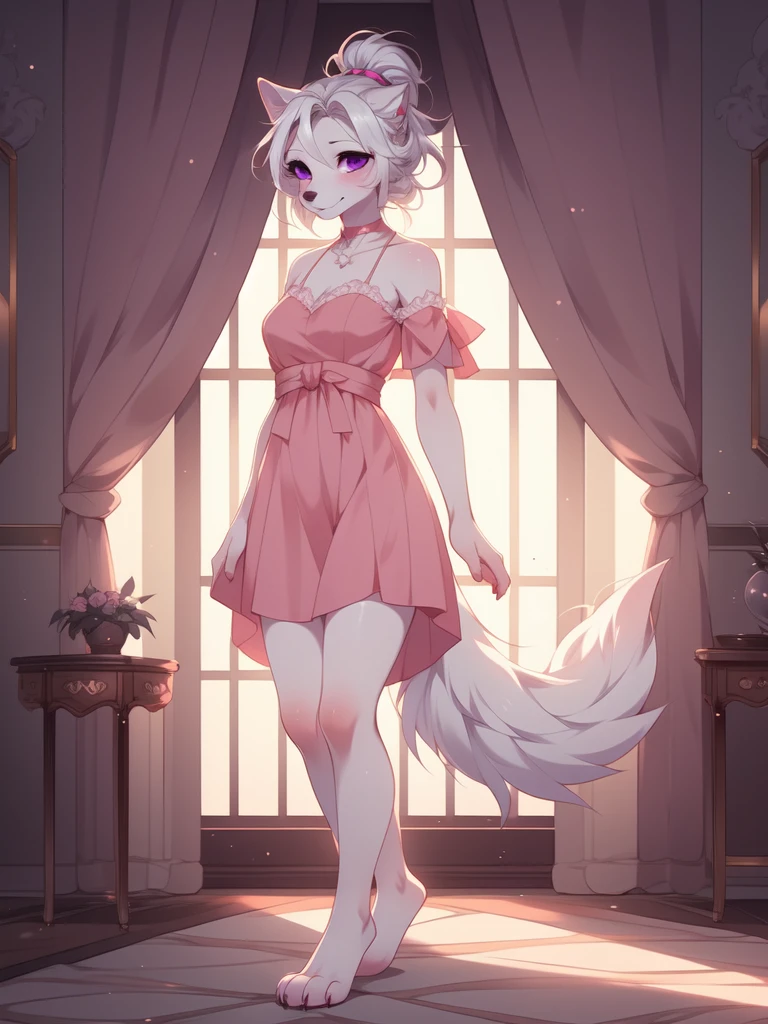 solo:1.2, white wolf girl, detailed purple eyes, white hair in a bun, snout, black nose, wearing a pink dress, leg slit, barefoot, feet paws, four toes, standing in a fancy mansion, by fumiko, by hyattlen,
