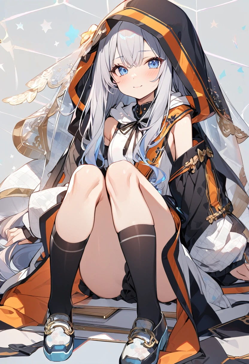 ((Highest quality)), ((masterpiece)), ((Very detailed)), (Very mature),A cute, gentle-looking female high school student with black hair and a height of about 165cm.，A female high school student with a cute smile and small breasts wearing a transparent blue waifus with a cute patterned hood and bare shoulders, A gentle woman with a slightly long vertical face，Small Faced Woman，alone, Cute attitude,(background(bright)，Long Hair - Straight，Knee-high socks、A transparent blue veil with a cute pattern and white hood with off-the-shoulder sleeves，White wall、Sitting、Facing the viewer、縁に模様がある壁が1面のbackground