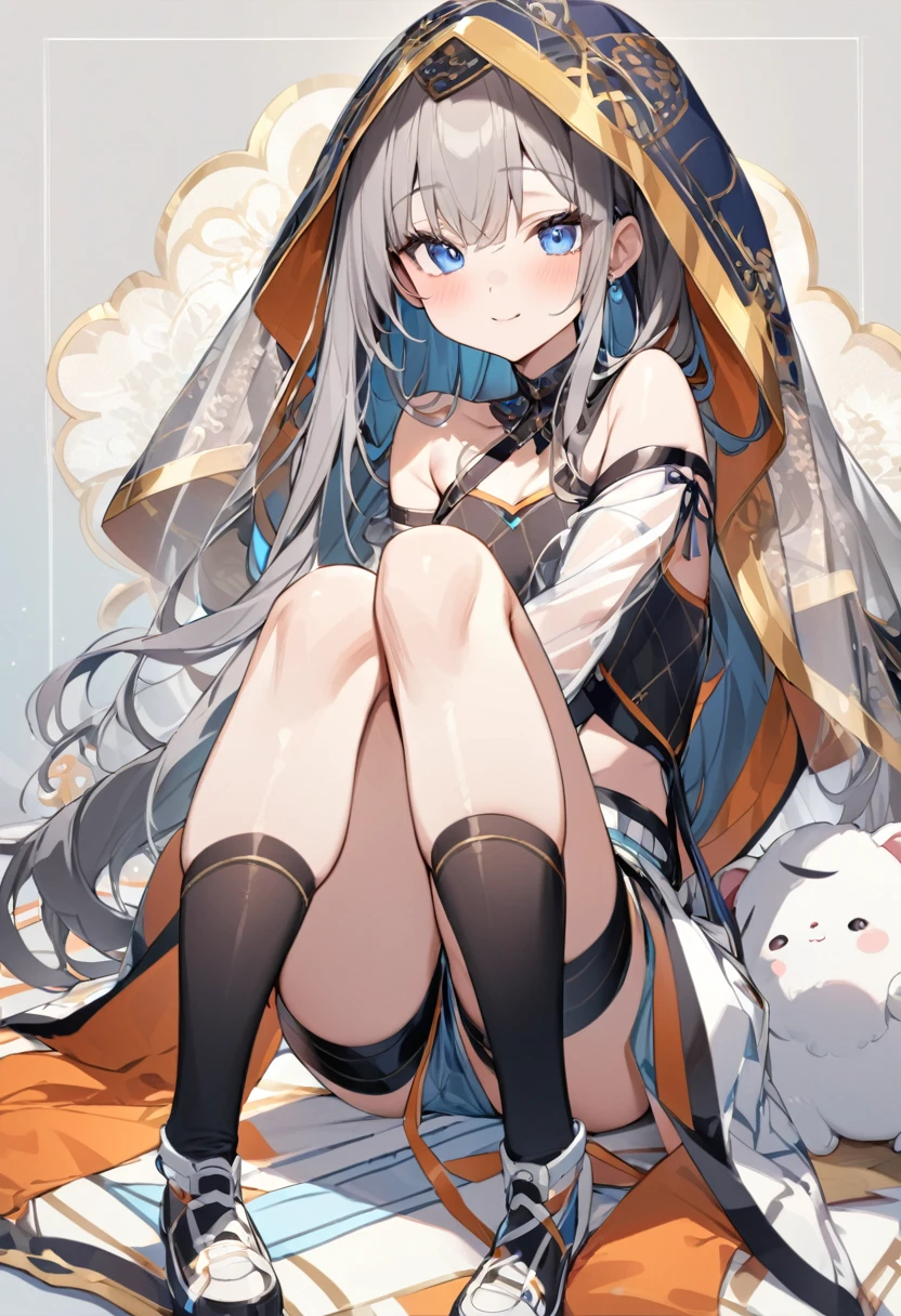 ((Highest quality)), ((masterpiece)), ((Very detailed)), (Very mature),A cute, gentle-looking female high school student with black hair and a height of about 165cm.,A female high school student with a cute smile and small breasts wearing a transparent blue waifus with a cute patterned hood and bare shoulders, A gentle woman with a slightly long vertical face,Small Faced Woman,alone, Cute attitude,(background(bright),Long Hair - Straight,Knee-high socks、A transparent blue veil with a cute pattern and white hood with off-the-shoulder sleeves,White wall、Sitting、Facing the viewer、縁に模様がある壁が1面のbackground