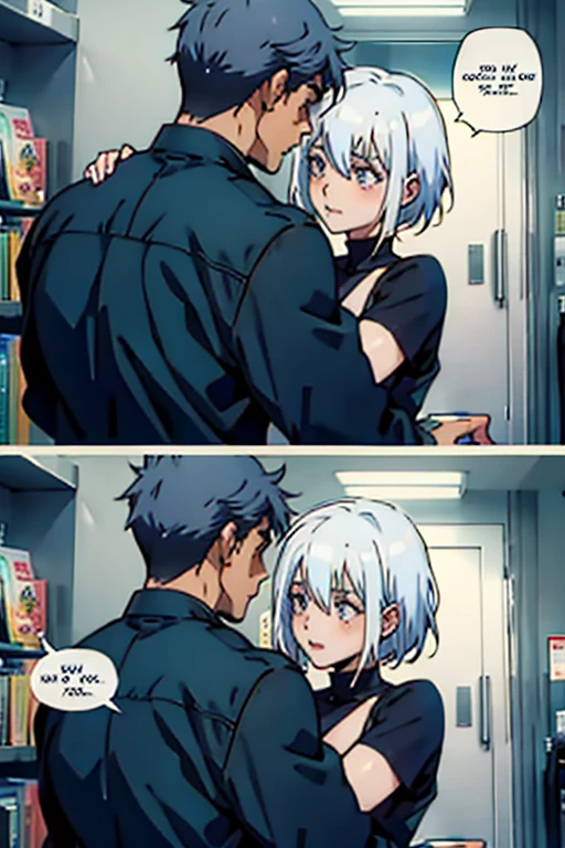Girl with short white hair and really skinny, being embraced by a guy with short hair, passionate, manga page with panels and dialogue