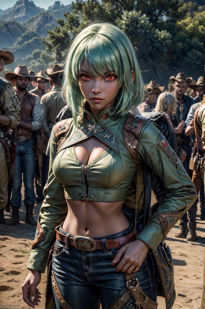 emeraldsustrai, emerald sustrai, short hair, (red eyes:1.5), (green hair), dark skin, dark-skinned female, navel, cleavage, midriff, belt, cleavage cutout, chaps, hands on hips, outdoors, military wedding, lavish wedding reception, on hillside, overlooking coast, sea, crowd, (crowd in military dress), (volumetric lighting),  intricate details, tonemapping, sharp focus, hyper detailed, (cowboy shot:1.5), BREAK (masterpiece:1.2), best quality, high resolution, unity 8k wallpaper, (illustration:0.8), (beautiful detailed eyes:1.6), extremely detailed face, perfect lighting, extremely detailed CG, (perfect hands, perfect anatomy),