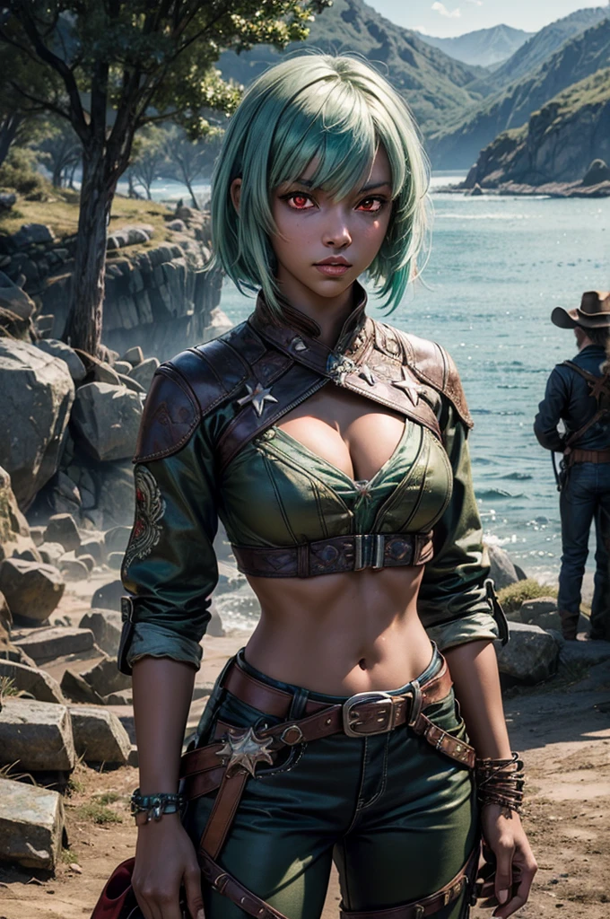 emeraldsustrai, emerald sustrai, short hair, (red eyes:1.5), (green hair), dark skin, dark-skinned female, navel, cleavage, midriff, belt, cleavage cutout, chaps, hands on hips, outdoors, military wedding, lavish wedding reception, on hillside, overlooking coast, sea, crowd, (crowd in military dress), (volumetric lighting),  intricate details, tonemapping, sharp focus, hyper detailed, (cowboy shot:1.5), BREAK (masterpiece:1.2), best quality, high resolution, unity 8k wallpaper, (illustration:0.8), (beautiful detailed eyes:1.6), extremely detailed face, perfect lighting, extremely detailed CG, (perfect hands, perfect anatomy),