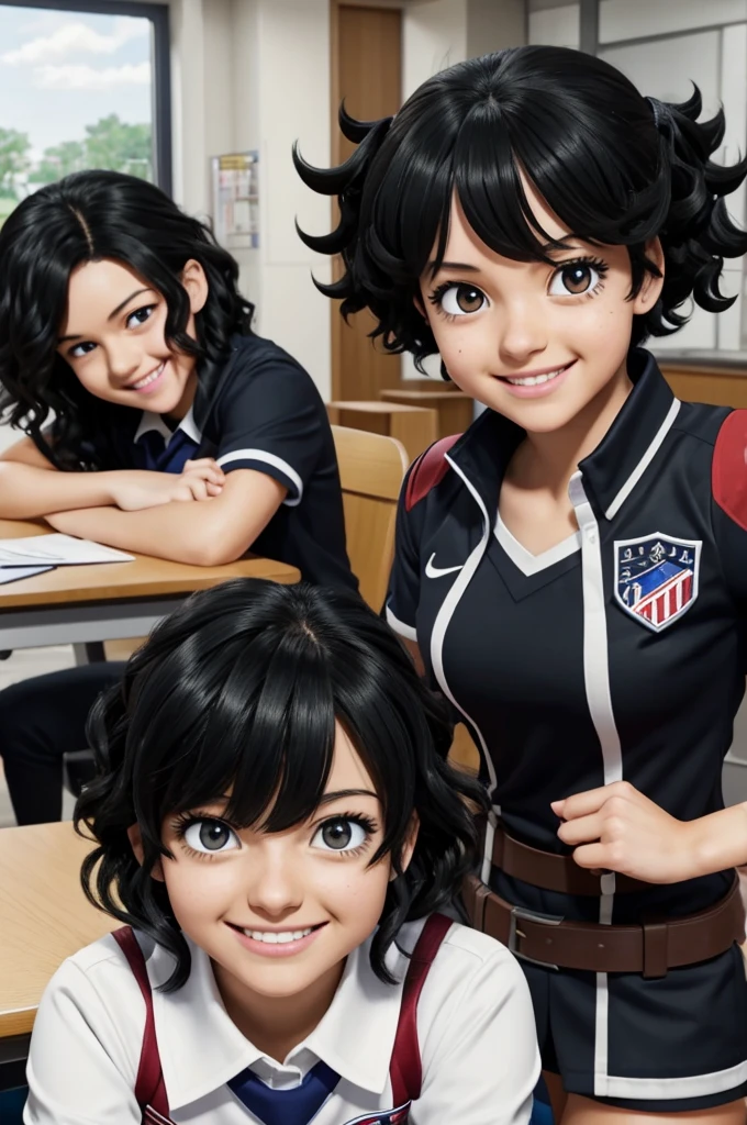 Screenshot of my hero academia.
Girl with curly black hair, He has eyes black as night and has a happy expression . She is wearing the UA uniform and in the background she has a UA school class and she is sitting at a table