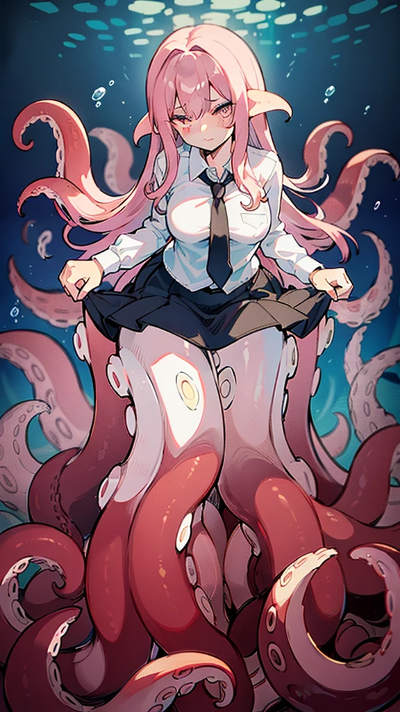 ((best quality)), ((highly detailed)), absurdres, (detailed eyes),1girl,20 years old,solo,long hair,pink hair,(((white shirt,black standart tie,black skirt))),dynamic pose, cowboy shot, (((scylla))), (((octopus girl))), standing, (tentacles:1.33), (suction cups:1.33), (fused:1.33), ((tentacle legs)), squidlegs, ((underwater,sea,night)),leaning forward, serious,cute,reaching out