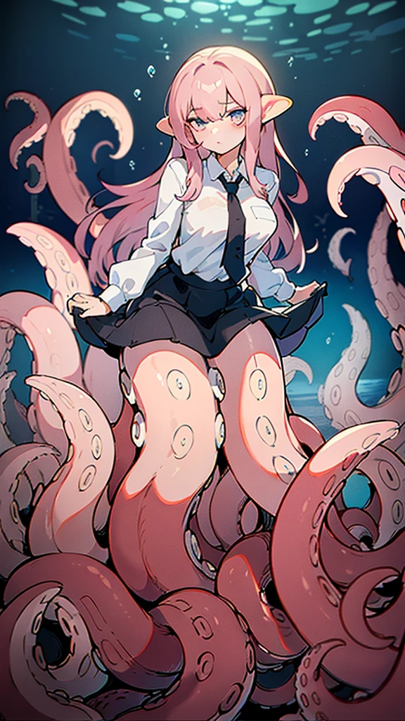 ((best quality)), ((highly detailed)), absurdres, (detailed eyes),1girl,20 years old,solo,long hair,pink hair,(((white shirt,black standart tie,black skirt))),dynamic pose, cowboy shot, (((scylla))), (((octopus girl))), standing, (tentacles:1.33), (suction cups:1.33), (fused:1.33), ((tentacle legs)), squidlegs, ((underwater,sea,night)),leaning forward, serious,cute,reaching out