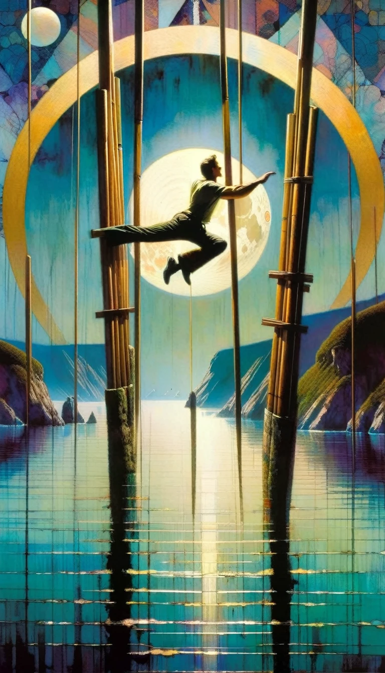 a man overexerts himself by lifting 10 wooden poles that are placed in a V shape, a beautiful landscape with sea and moon (art inspired by Bill Sienkiewicz, intricate details, oil painting)