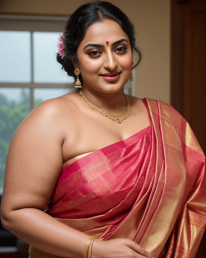 Foto RAW, photorealistic, photography, full body shot, 50 years old Woman, master shot, perfect eyes, goddess like beauty, pierced eyes, perfect thick chubby mallu Desi aunty bhabhi, Wearing a Stanapatta, a chest-band.Saree model, model Photography, Indian saree shoot, Indian traditional wear advertising photography, traditional wear brand shoot, face of Indian actress Sonakshi Sinha, masterpiece, realistic, realism, incredible details, pleasure, photorealism, detailed skin, skin pores, high contrast, photorealistic Artstation 8k HD digital art trend of high definition and detailed realistic skin texture, ultra detail, realistic skin texture, armature, best quality, ultra high definition, (photorealistic:1.4),, high resolution, detail, raw photo, sweat, Re sharp, by Lee Jefferies Nikon D850 Film Stock Photo 4 Kodak Portra 400 Camera F1.6 Lens Rich Color Ultra Real Realistic Realistic Textures Dramatic Lighting Unreal Engine Trending at Art Station Cinestill 800,(pele altamente detalhada: 1.2), 8k UHD, DSLR, soft-lighting, alta qualidade, grain of film, Fujifilm XT3,she didn't like to wear blouse or bra, she is happy to wear only saree, she hates blouse or bra, detailed hairy armpits, hyper realistic skin, skin pores, sweat, veins,