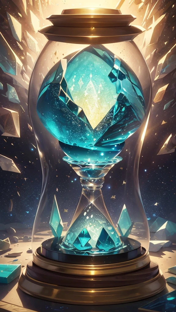 hourglass with time running out, amidst amazonite crystals, stars, shine, magical world, high resolution, full hd, disney drawing texture, 4k resolution, best quality,4k,8k,highres,masterpiece:1.2),ultra-detailed,(realistic,photorealistic,photo-realistic:1.37),disney drawing texture,landscape,vibrant colors,dramatic lighting