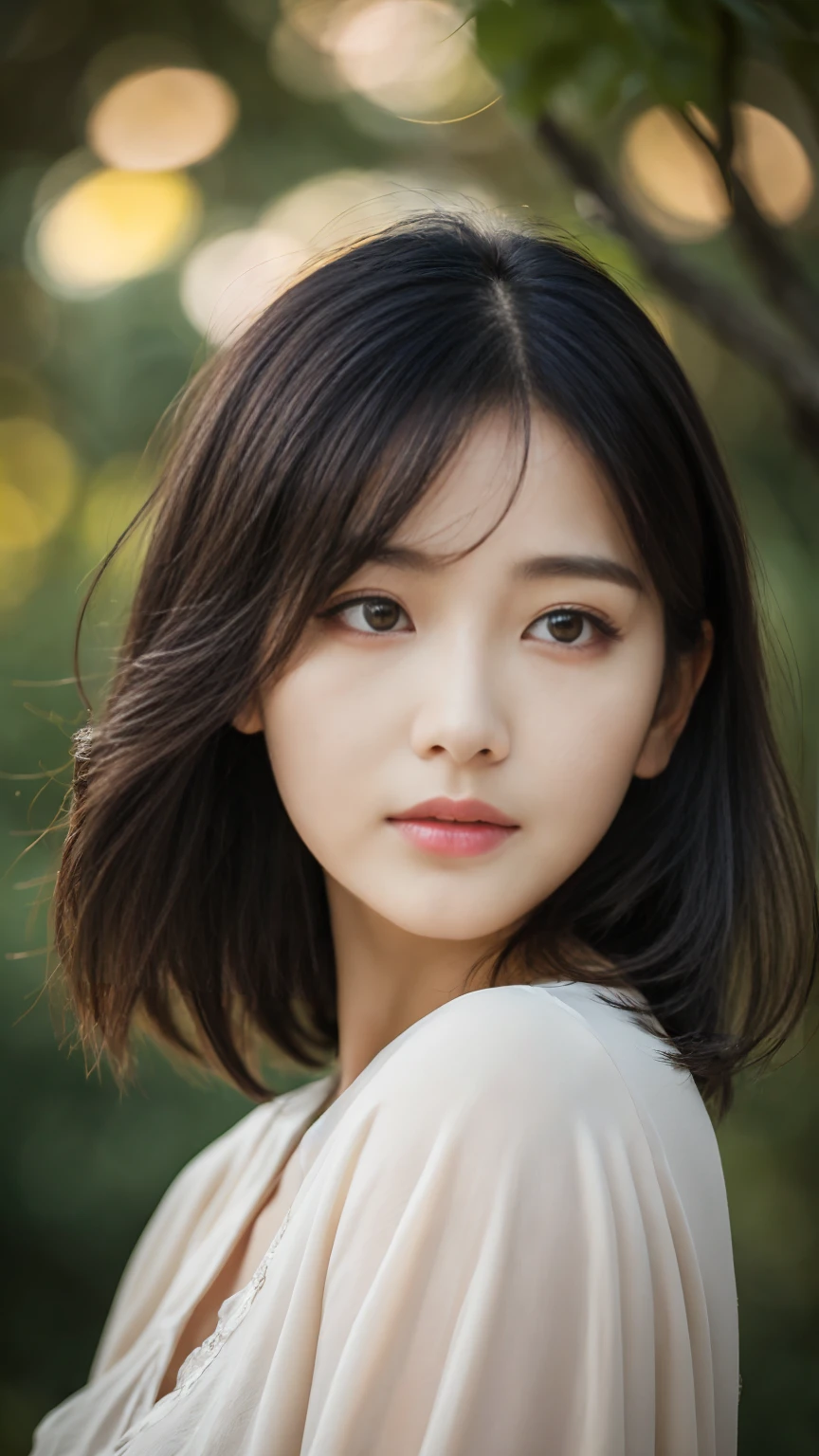 masterpiece,best quality,ultra detailed,highres,high-resolution,4k,realistic,RAW photo,((real person)),portrait photography,photorealistic,detailed skin,(delicate black eyes ), A soothing woman with sagging eyes,Calm and calm, middle hair,skinny,clothing,The wind is blowing,tareme、