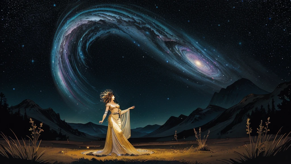 In a realm where stardust dances and nebulae swirl, the radiant goddess Grace reigns supreme, her sensuous form aglow with celestial light that outshines the brilliance of a thousand suns.
Grace's divine visage is framed by tresses of flowing cosmic waves, each strand a tapestry of galaxies in mesmerizing motion. Her lustrous hair cascades down like a shimmering river of stardust, caressing her form with ethereal elegance. Eyes pools of infinite depth reflect the mysteries of the universe, beckoning all who gaze upon her to lose themselves in their cosmic splendor.
Adorned in diaphanous robes that billow like the auroras of distant worlds, Grace's celestial garments cling to her sensuous curves before flowing outward in a breathtaking dance. Stardust swirls around her voluptuous form, forming a radiant halo that crowns her as the sovereign seductress of the heavens.
Her celestial surroundings are a tapestry of wonders, where nebulae bloom like cosmic flowers, and stars twinkle like diamonds scattered across an endless velvet expanse. Comets streak across the celestial canvas, leaving trails of stardust in their wake, paying homage to the goddess's radiant, enticing presence.
Though sensuous in form, Grace's countenance exudes a warmth and kindness that permeates the cosmos. Her divine essence infuses every atom with ethereal grace and nurturing compassion. Outstretched hands beckon forth the very fabric of creation, weaving the tapestry of existence with each celestial gesture.
In this realm of celestial majesty, the sensuous yet kind Grace reigns supreme, a beacon of divine radiance and maternal love that guides all who seek enlightenment through the vast expanse of the cosmos.